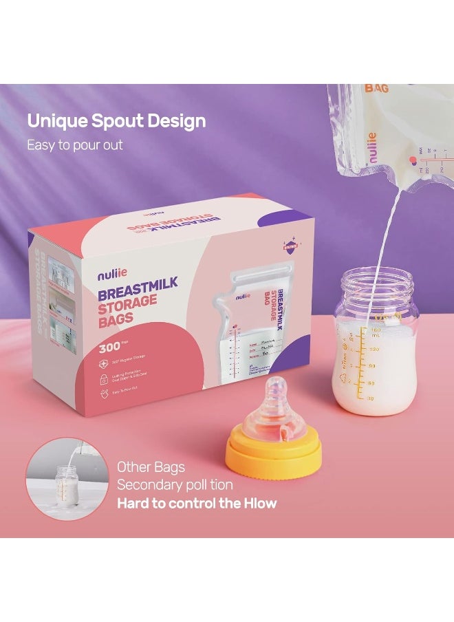 Nuliie 300 Pcs Breastmilk Storage Bags, 8 OZ Breast Milk Storing Bags, BPA-Free, Milk Storage Bags with Pour Spout for Breastfeeding, Self-Standing Bag, Space Saving Flat Profile