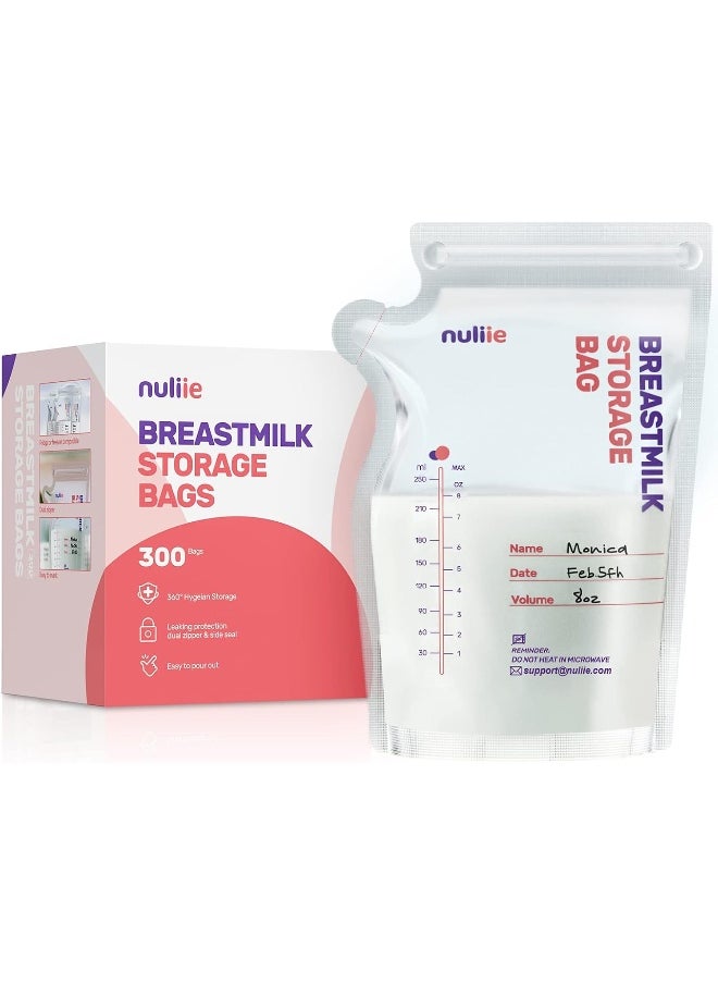 Nuliie 300 Pcs Breastmilk Storage Bags, 8 OZ Breast Milk Storing Bags, BPA-Free, Milk Storage Bags with Pour Spout for Breastfeeding, Self-Standing Bag, Space Saving Flat Profile
