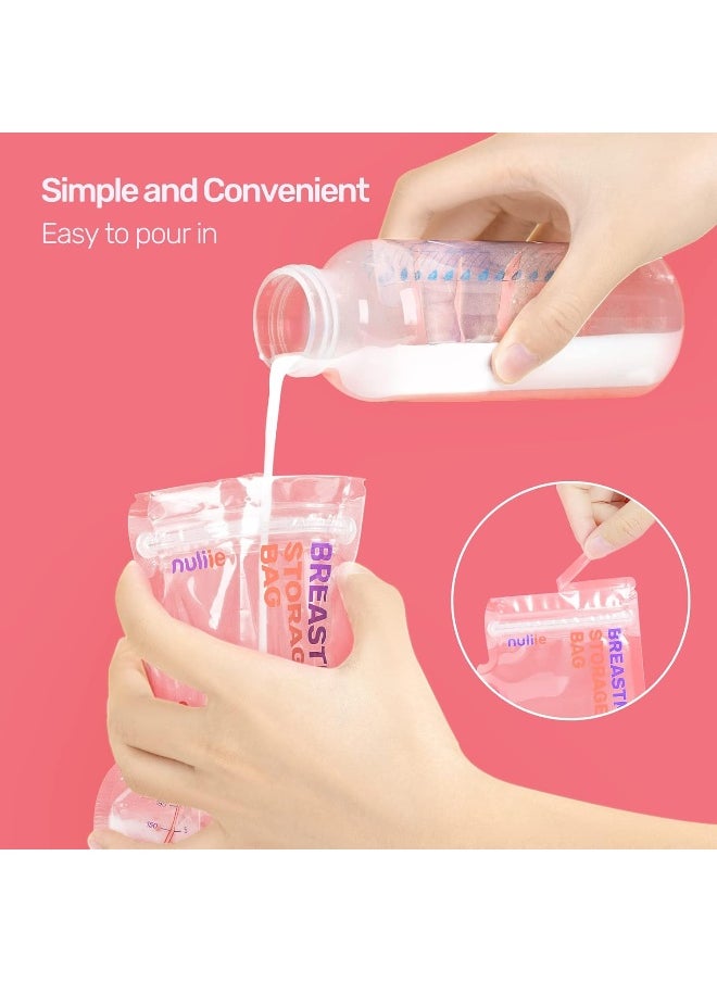 Nuliie 50 Pcs Breastmilk Storage Bags, 8 OZ Breast Milk Storing Bags, BPA Free, Milk Storage Bags with Pour Spout for Breastfeeding, Self-Standing Bag, Space Saving Flat Profile