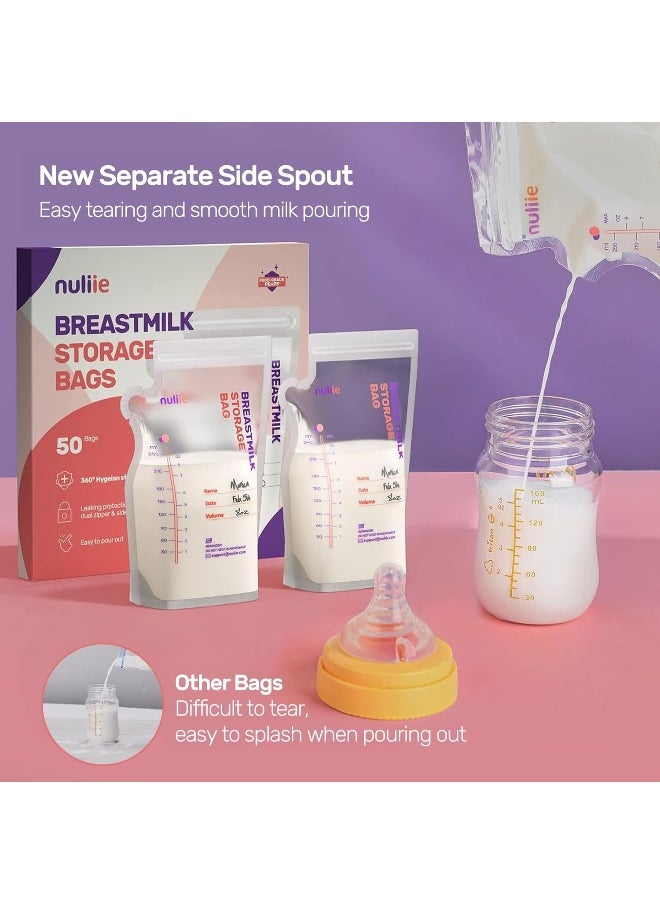 Nuliie 50 Pcs Breastmilk Storage Bags, 8 OZ Breast Milk Storing Bags, BPA Free, Milk Storage Bags with Pour Spout for Breastfeeding, Self-Standing Bag, Space Saving Flat Profile