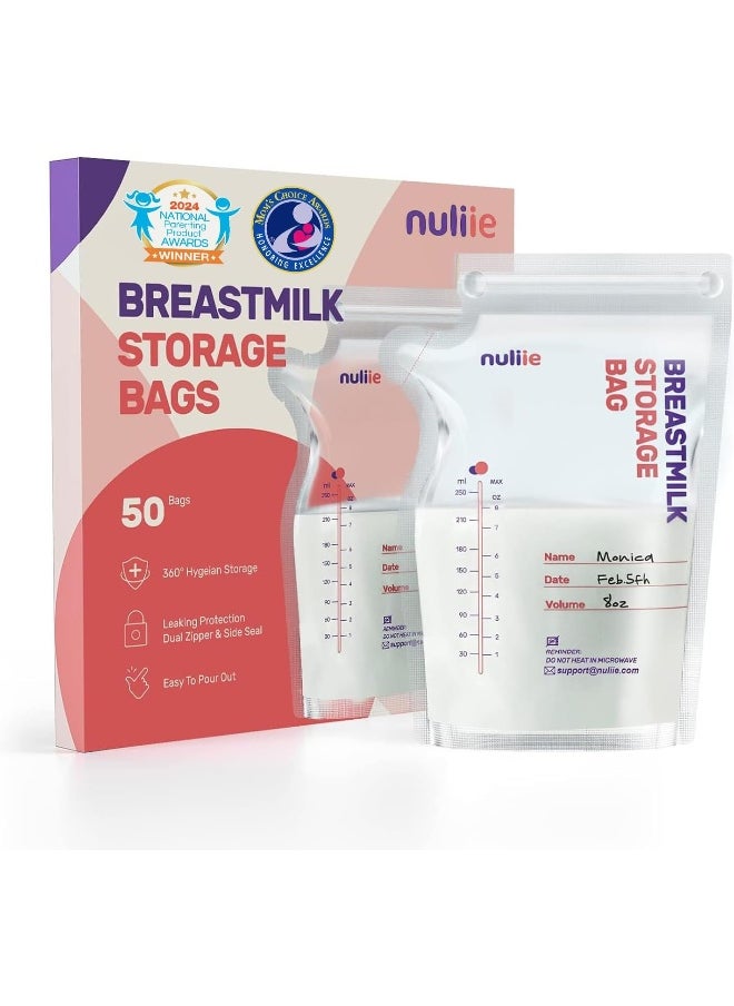 Nuliie 50 Pcs Breastmilk Storage Bags, 8 OZ Breast Milk Storing Bags, BPA Free, Milk Storage Bags with Pour Spout for Breastfeeding, Self-Standing Bag, Space Saving Flat Profile