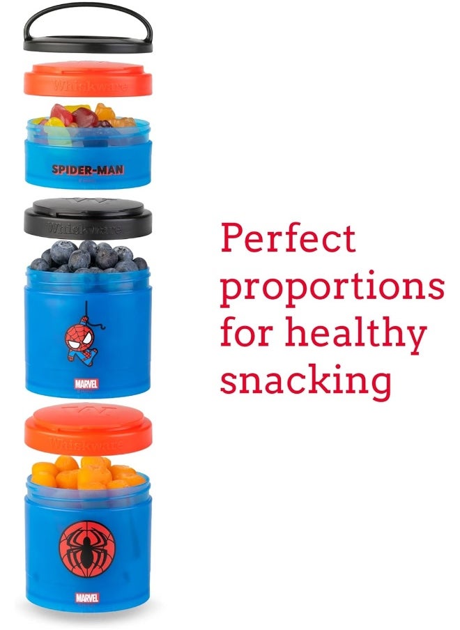 Whiskware Marvel Stackable Snack Containers for Babies, Kids, and Toddlers, 3 Stackable Snack Cups for School or Travel, Formula Friendly, Cupholder Friendly, Spider-Man