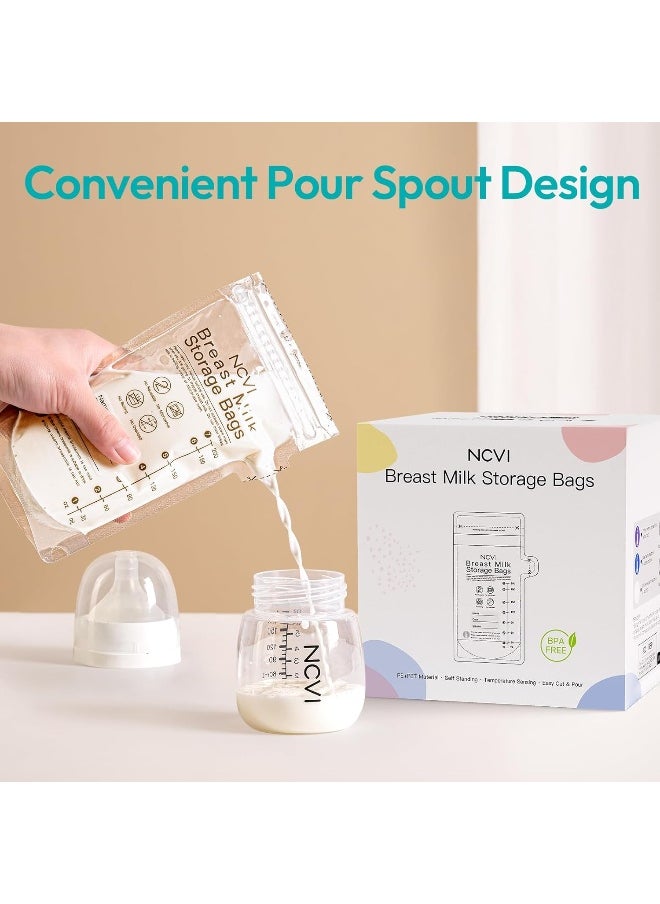NCVI Breastmilk Storage Bags, 180 Count Milk Storage Bags for Breastfeeding, 7oz Breast Milk Storage Bags with Temp-Sensing, Doubled-Sealed, Hygienically, Self Standing, Easy Pour Spout, BPA Free