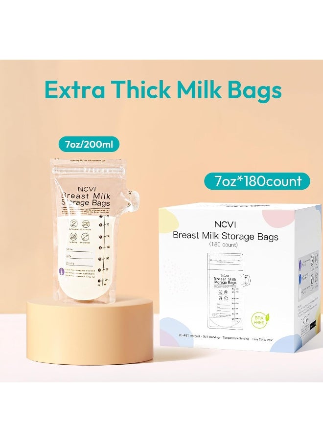 NCVI Breastmilk Storage Bags, 180 Count Milk Storage Bags for Breastfeeding, 7oz Breast Milk Storage Bags with Temp-Sensing, Doubled-Sealed, Hygienically, Self Standing, Easy Pour Spout, BPA Free