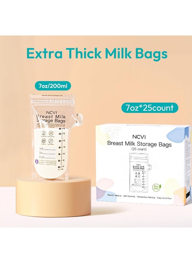NCVI Breastmilk Storage Bags, 25 Count Milk Storage Bags for Breastfeeding, 7oz Breast Milk Storage Bags with Temp-Sensing, Doubled-Sealed, Hygienically, Self Standing, Easy Pour Spout, BPA Free