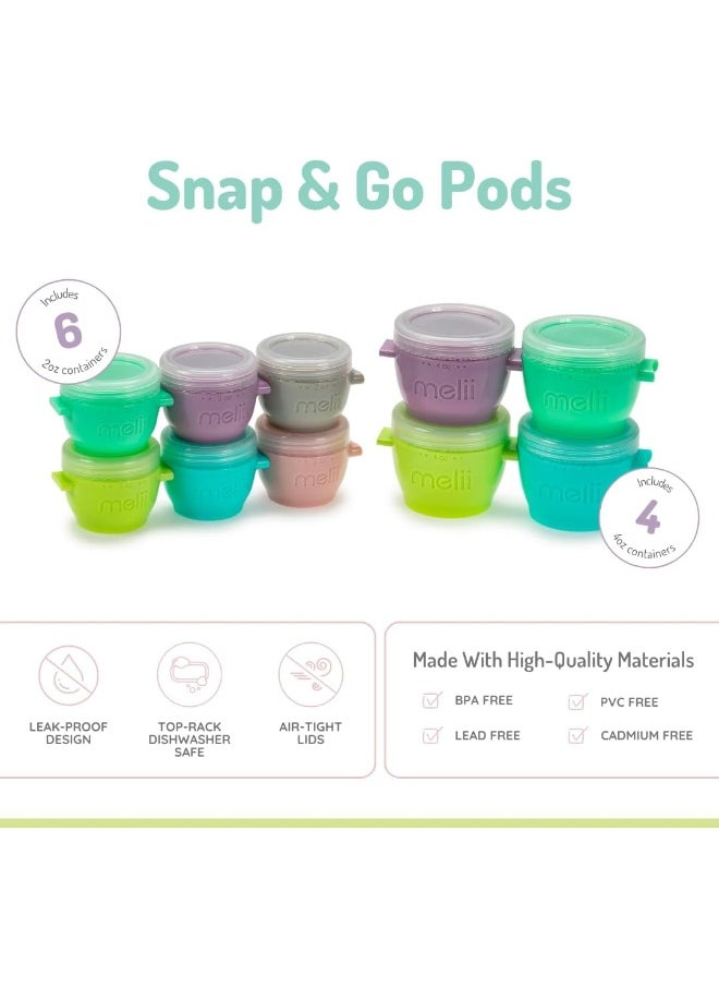 Melii Snap & Go Pods - Airtight & Leakproof Baby Food Containers - Baby Food Storage Pods for Effortless Mealtime, 2oz, set of 6 + 4oz, set of 4