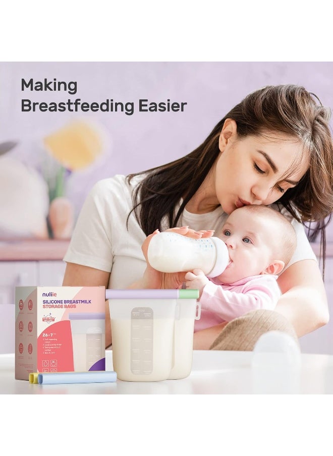 Nuliie 7 Pcs Silicone Breastmilk Storage Bags Reusable, 12oz/360ml Double Leak-Proof Breastmilk Freezer Bags, BPA Free Self-Standing Milk Bags for Breastfeeding, Baby Food Pouches