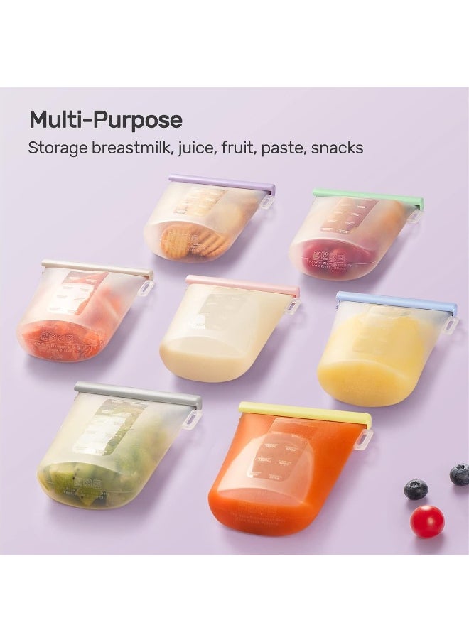 Nuliie 7 Pcs Silicone Breastmilk Storage Bags Reusable, 12oz/360ml Double Leak-Proof Breastmilk Freezer Bags, BPA Free Self-Standing Milk Bags for Breastfeeding, Baby Food Pouches