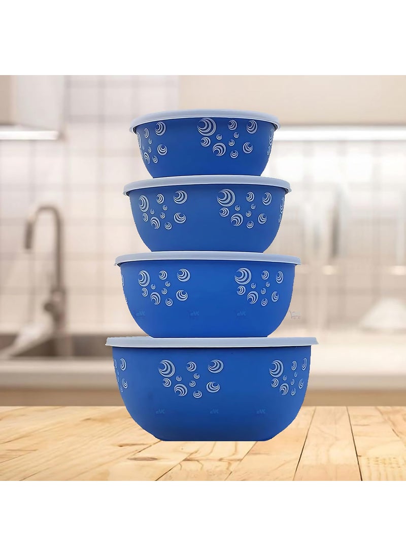 EVK Microwave Safe Stainless Steel Kitchen Food Storage Containers Serving Bowl and Mixing Bowl Set With Airtight Plastic Lids Printed Blue Pack of 4