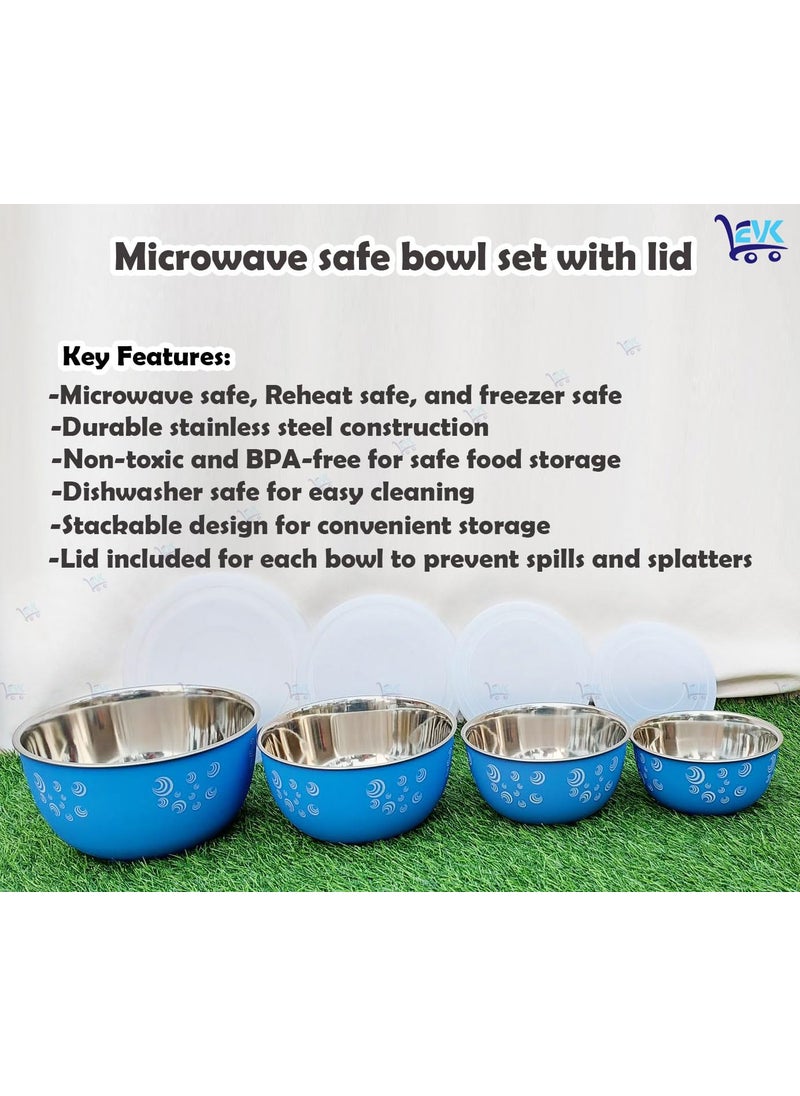 EVK Microwave Safe Stainless Steel Kitchen Food Storage Containers Serving Bowl and Mixing Bowl Set With Airtight Plastic Lids Printed Blue Pack of 4