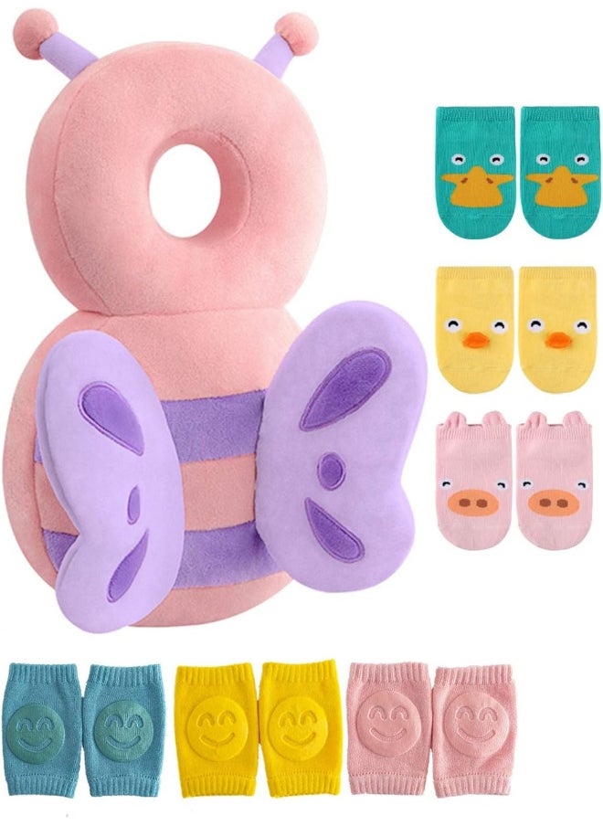 JunNeng Toddler Baby Head Protector Pad for Toddler Walker with Knee Pads & Anti-Slip Socks, Butterfly