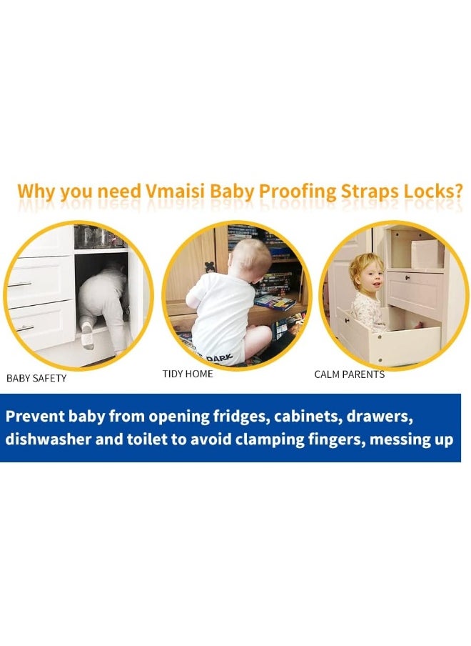 Vmaisi Baby Proofing Cabinet Locks - Childproofing Adjustable Multi Use Straps Latches for Drawers, Fridge, Dishwasher, Toilet Seat, Cupboard, Closet, Oven, Trash Can, Adhesive No Drilling (White) (4)