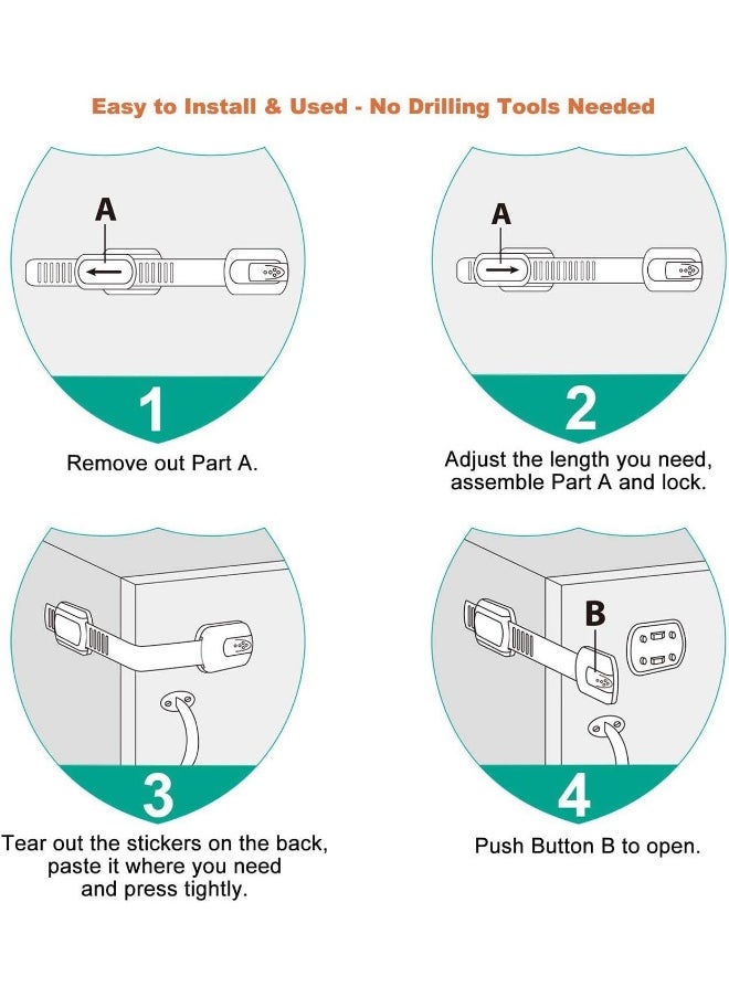 Vmaisi Baby Proofing Cabinet Locks - Childproofing Adjustable Multi Use Straps Latches for Drawers, Fridge, Dishwasher, Toilet Seat, Cupboard, Closet, Oven, Trash Can, Adhesive No Drilling (White) (20)