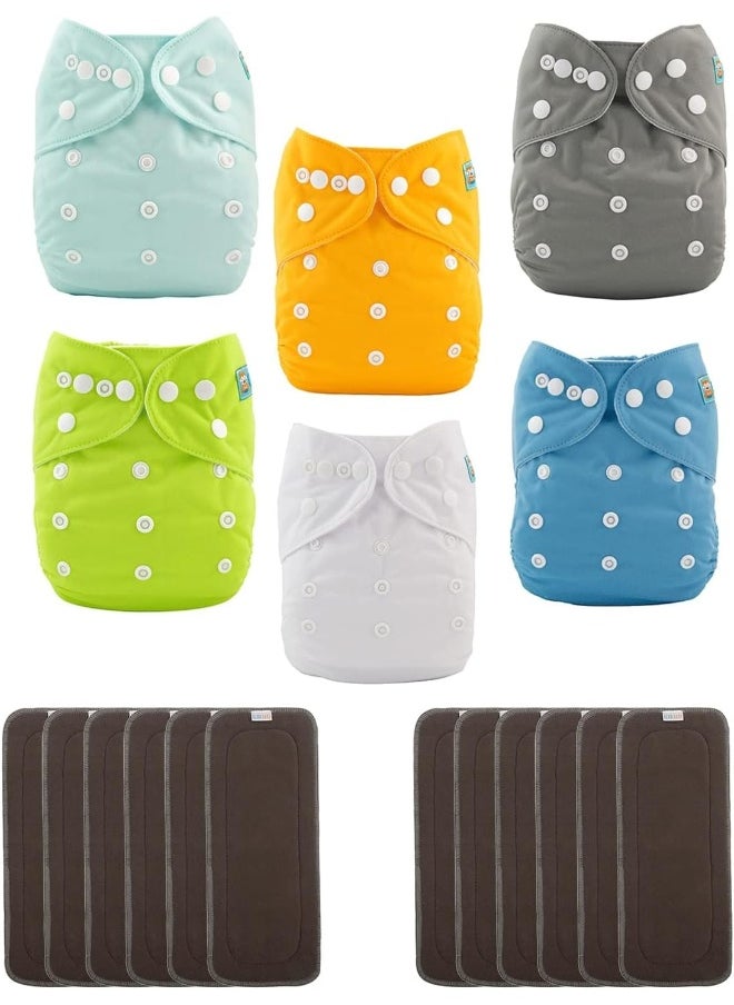 ALVABABY 6 Pack Baby Cloth Diapers with 12 pcs 5-Layer Charcoal Inserts/Adjustable Washable Reusable