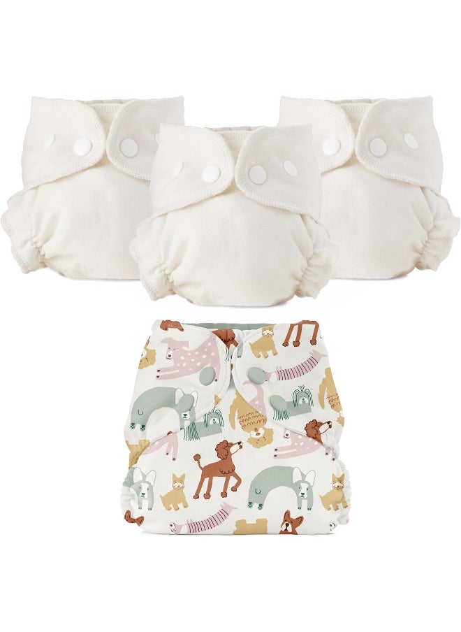 Esembly Cloth Diaper Bundle Set, 3 Organic Absorbent Inners and 1 Waterproof Recycled Diaper Cover, Reusable Washable Diapers with Snap Closure, Size 1 (7-17lbs), Off-Leash