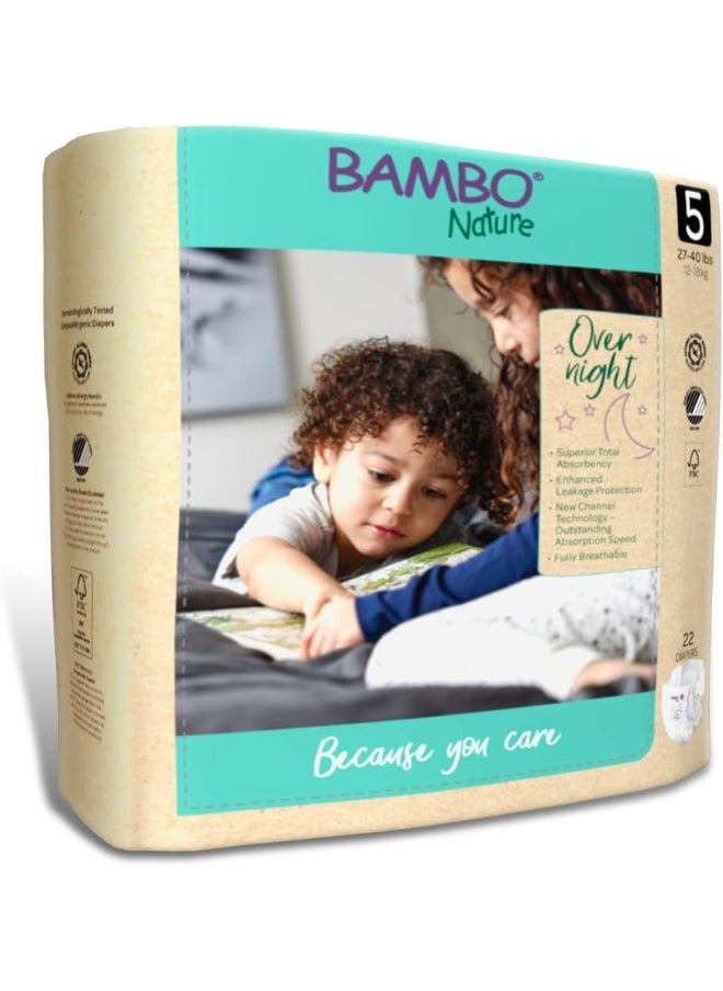 Bambo Nature Overnight Nappies, Eco-Labelled Nappies, Enhanced Leakage Protection For Dry Night’s Sleep, Secure & Comfortable Overnight Baby Nappies, Ultra Absorption, Size 5 Nappies (12-18g), 22PK