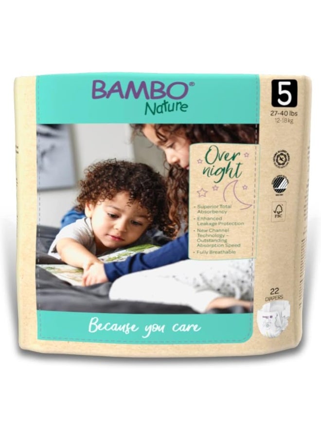Bambo Nature Overnight Nappies, Eco-Labelled Nappies, Enhanced Leakage Protection For Dry Night’s Sleep, Secure & Comfortable Overnight Baby Nappies, Ultra Absorption, Size 5 Nappies (12-18g), 22PK