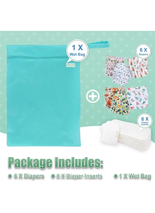 Wegreeco Washable Reusable Baby Cloth Pocket Diapers 6 Pack + 6 Rayon Made from Bamboo Inserts (with 1 Wet Bag, Fruits, Animals)