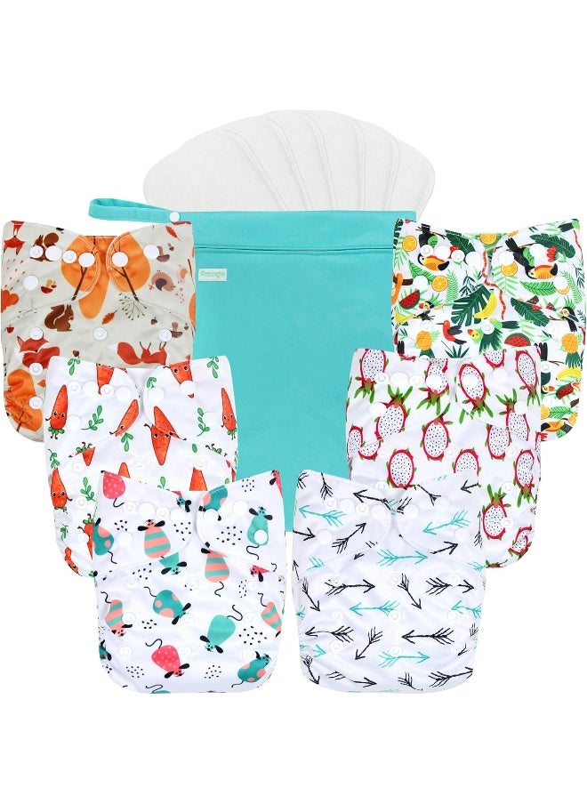 Wegreeco Washable Reusable Baby Cloth Pocket Diapers 6 Pack + 6 Rayon Made from Bamboo Inserts (with 1 Wet Bag, Fruits, Animals)