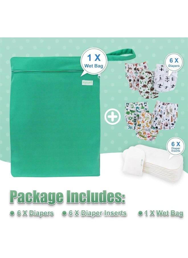 Wegreeco Washable Reusable Baby Cloth Pocket Diapers 6 Pack + 6 Bamboo Inserts (with 1 Wet Bag, Forest, Animals) one Size