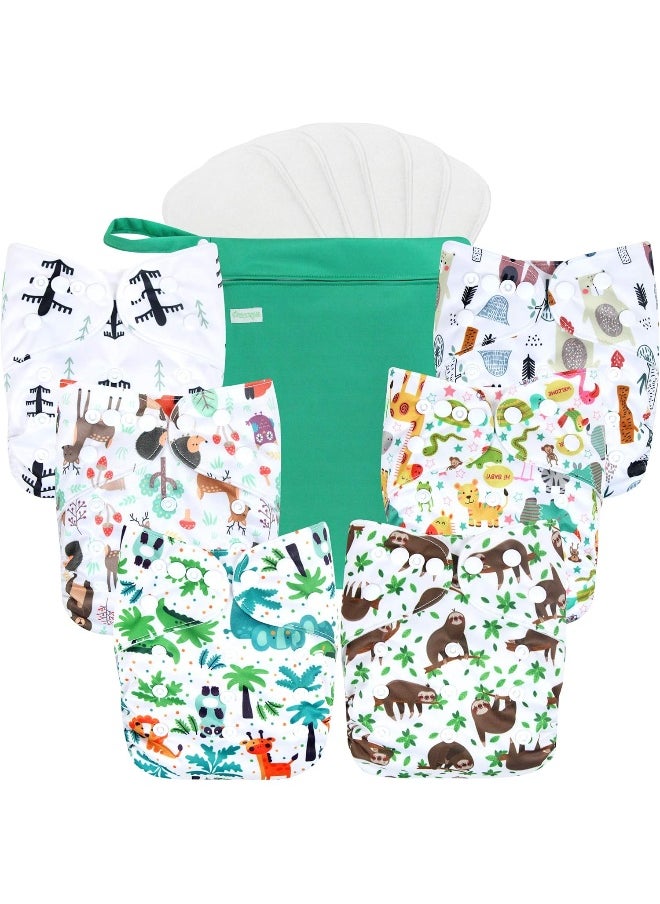 Wegreeco Washable Reusable Baby Cloth Pocket Diapers 6 Pack + 6 Bamboo Inserts (with 1 Wet Bag, Forest, Animals) one Size