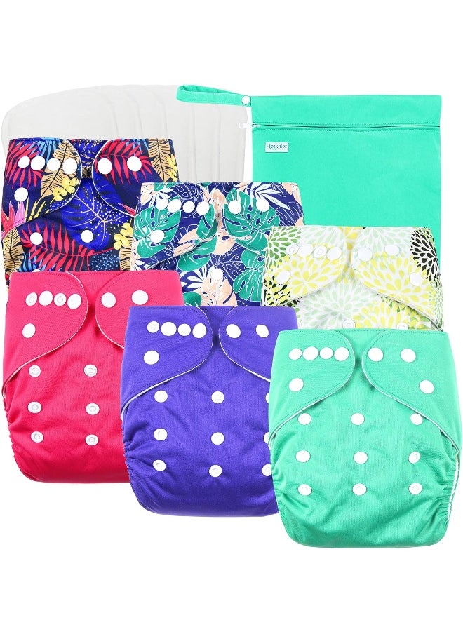 Leekalos Cloth Diapers Reusable for Boys and Girls, Baby Diaper Cloth with Bamboo Inserts & Wet Bag (Floral) One Size