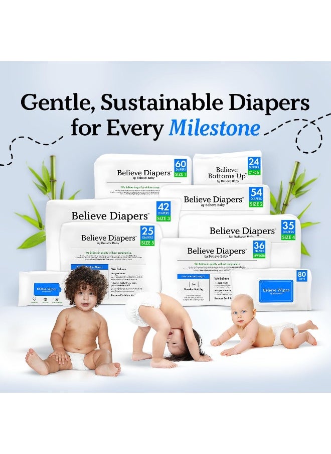 Believe Diapers Size 5 (>27 Lbs) Viscose Bamboo Diapers 25 Count - Natural Baby Diaper, Chemical Free and Fragrance Free Natural Diaper for Sensitive Skin, Super Absorbent with Leak Protection