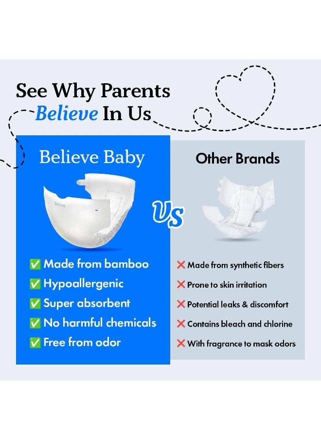 Believe Diapers Size 5 (>27 Lbs) Viscose Bamboo Diapers 25 Count - Natural Baby Diaper, Chemical Free and Fragrance Free Natural Diaper for Sensitive Skin, Super Absorbent with Leak Protection
