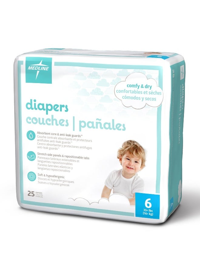 Medline Premium Disposable Baby Diapers, Absorbent & Ultra-Soft for Delicate Skin, Size 6 (35+ lbs), Pack of 25