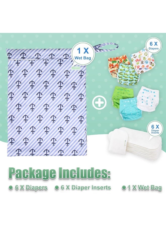 Wegreeco Washable Reusable Baby Cloth Pocket Diapers 6 Pack + 6 Bamboo Inserts (with 1 Wet Bag, Neutral Prints)