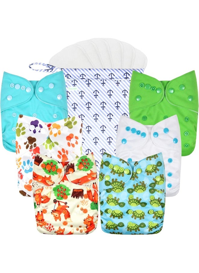 Wegreeco Washable Reusable Baby Cloth Pocket Diapers 6 Pack + 6 Bamboo Inserts (with 1 Wet Bag, Neutral Prints)