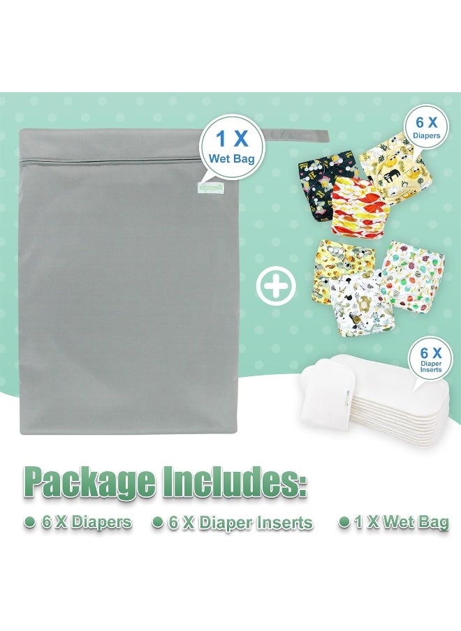 wegreeco Washable Reusable Baby Cloth Pocket Diapers 6 Pack + 6 Rayon Made from Bamboo Inserts (with 1 Wet Bag, Animal World)