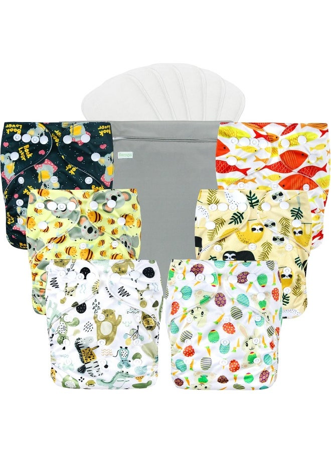 wegreeco Washable Reusable Baby Cloth Pocket Diapers 6 Pack + 6 Rayon Made from Bamboo Inserts (with 1 Wet Bag, Animal World)
