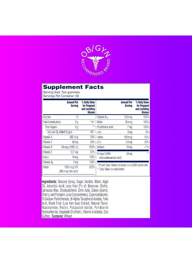 Women’S Prenatal Multivitamin Gummies Including Vitamin A, C, D, B6, B12, Folic Acid & More, 120 Count, Supplement For Before And During Pregnancy