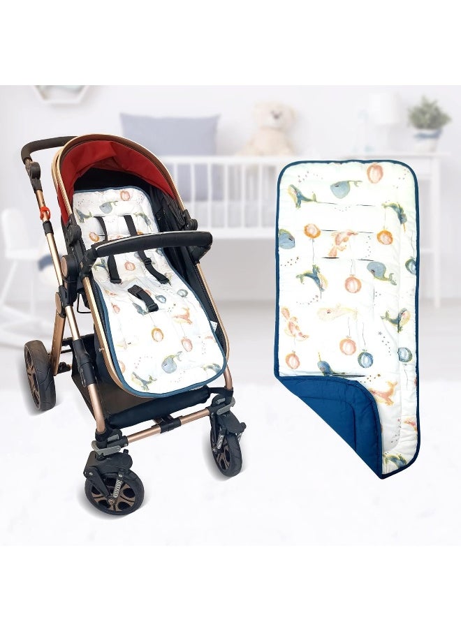 LAT LEE AND TOWN Baby Stroller Cushion, Infant Car Seat Insert-Reversible Universal Breathable Soft Newborn Stroller Mat, 100% Cotton Cover Toddler Seat Pad Liner-34x78cm, 1 Pack (Whale)