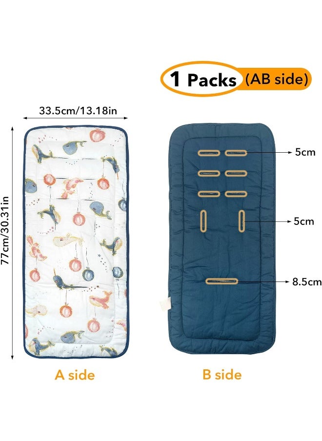 LAT LEE AND TOWN Baby Stroller Cushion, Infant Car Seat Insert-Reversible Universal Breathable Soft Newborn Stroller Mat, 100% Cotton Cover Toddler Seat Pad Liner-34x78cm, 1 Pack (Whale)