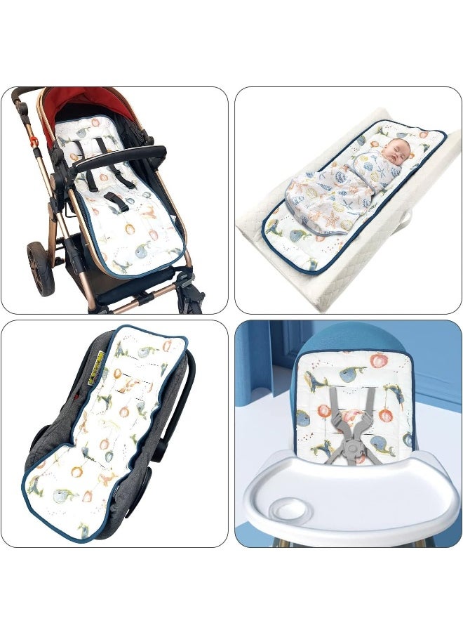 LAT LEE AND TOWN Baby Stroller Cushion, Infant Car Seat Insert-Reversible Universal Breathable Soft Newborn Stroller Mat, 100% Cotton Cover Toddler Seat Pad Liner-34x78cm, 1 Pack (Whale)