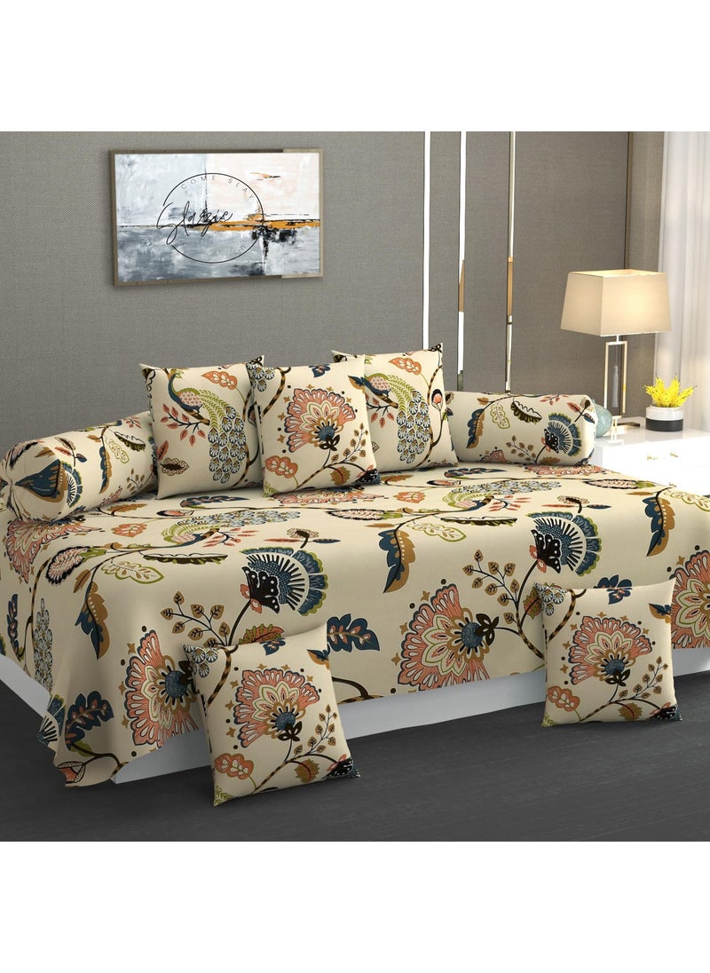 Diwan Set Covers Cotton 8 Pieces Pure Cotton Designer Printed Standard Diwan Set 1 Single Bedsheet 2 Bolster Covers 5 Cushion CoversBeige Jaipuri SZDS 009
