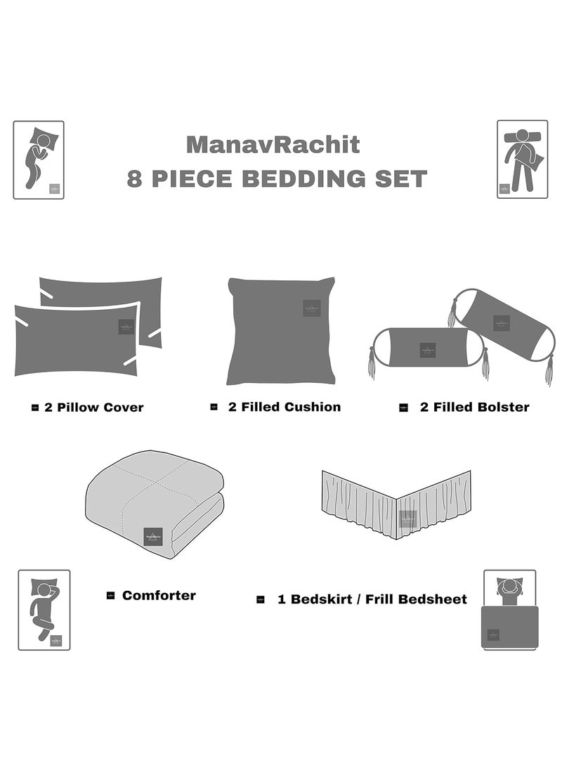 ManavRachit Satin Gold Printed 310 TC Double Bed Wedding Bedding Set 8 Pieces for Home Living Room Butti Print Red Butti
