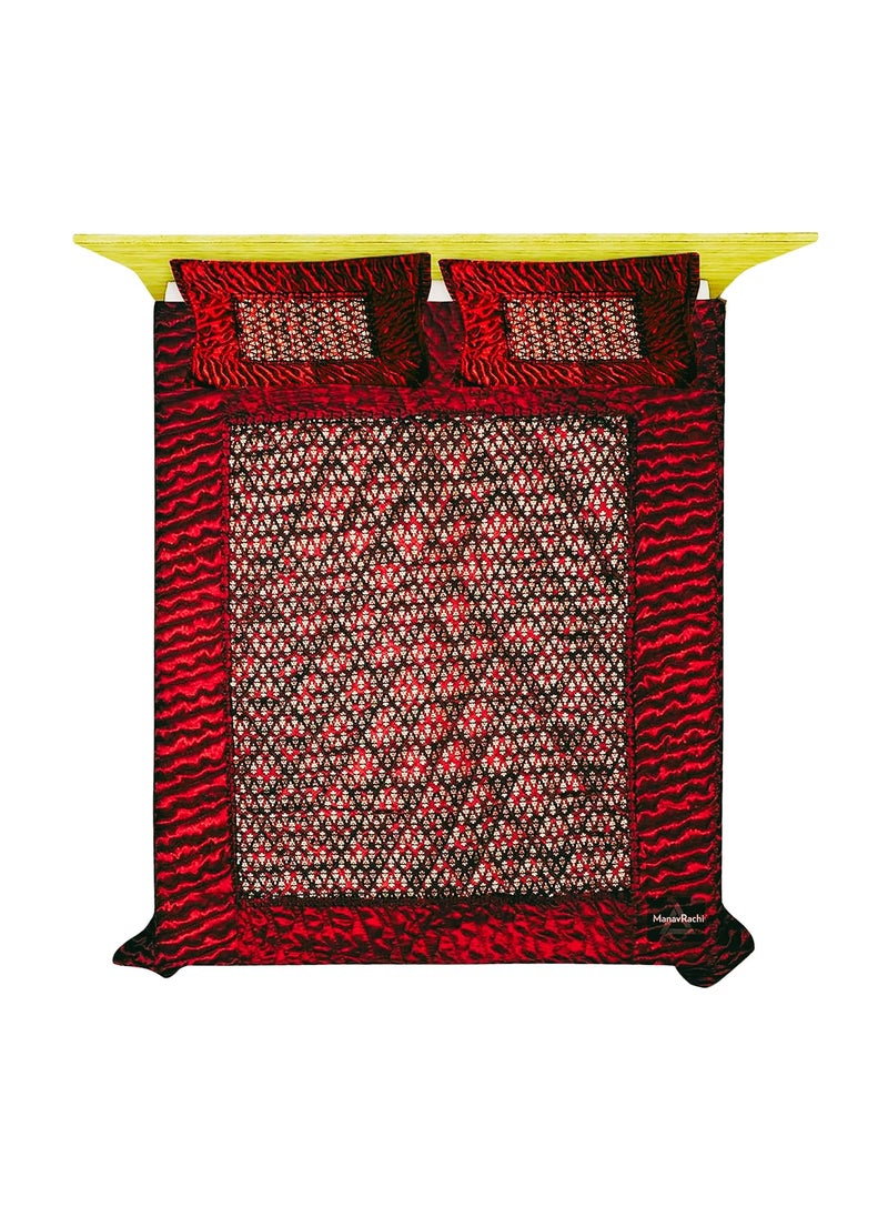 ManavRachit Satin Gold Printed 310 TC Double Bed Wedding Bedding Set 8 Pieces for Home Living Room Butti Print Red Butti