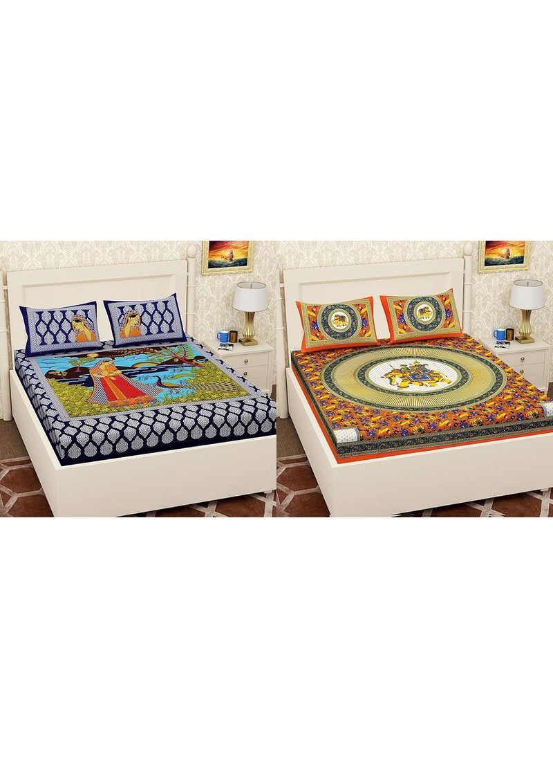 UBANIA COLLECTIONWe believe in customers satisfaction 151 Tc Cotton Rajasthani Jaipuri Sanganeri Set of 2 Double Size Bedsheets With 4 Pillow Covers Multicolor