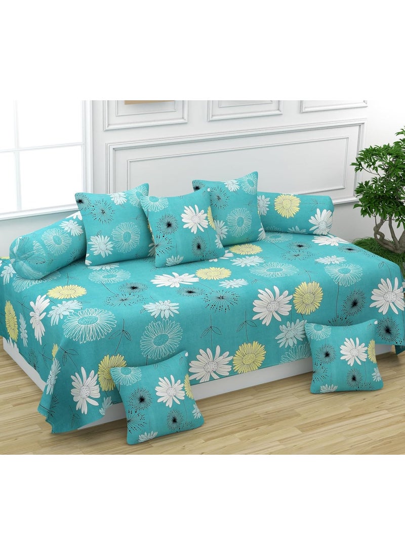 CHHILAKIYA Diwan Set Covers Cotton 8 Pieces Pure Cotton Designer Printed Standard Diwan Set 1 Single Bedsheet 2 Bolster Covers 5 Cushion Covers Sky Blue