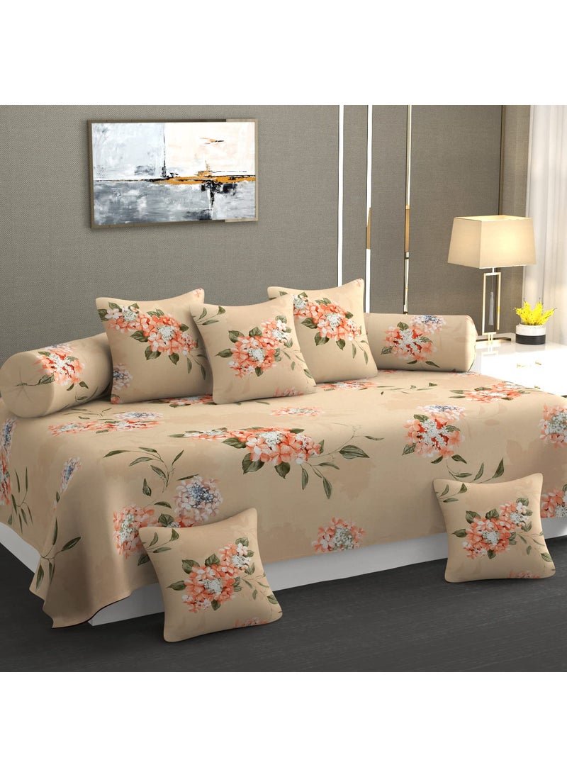 CHHILAKIYA Diwan Set Covers Cotton 8 Pieces Pure Cotton Designer Printed Standard Diwan Set 1 Single Bedsheet 2 Bolster Covers 5 Cushion Covers Peach