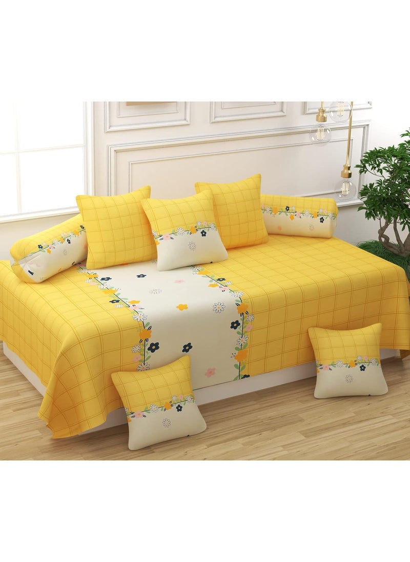 CHHILAKIYA Diwan Set Covers Cotton 8 Pieces Pure Cotton Designer Printed Standard Diwan Set 1 Single Bedsheet 2 Bolster Covers 5 Cushion Covers Yellow