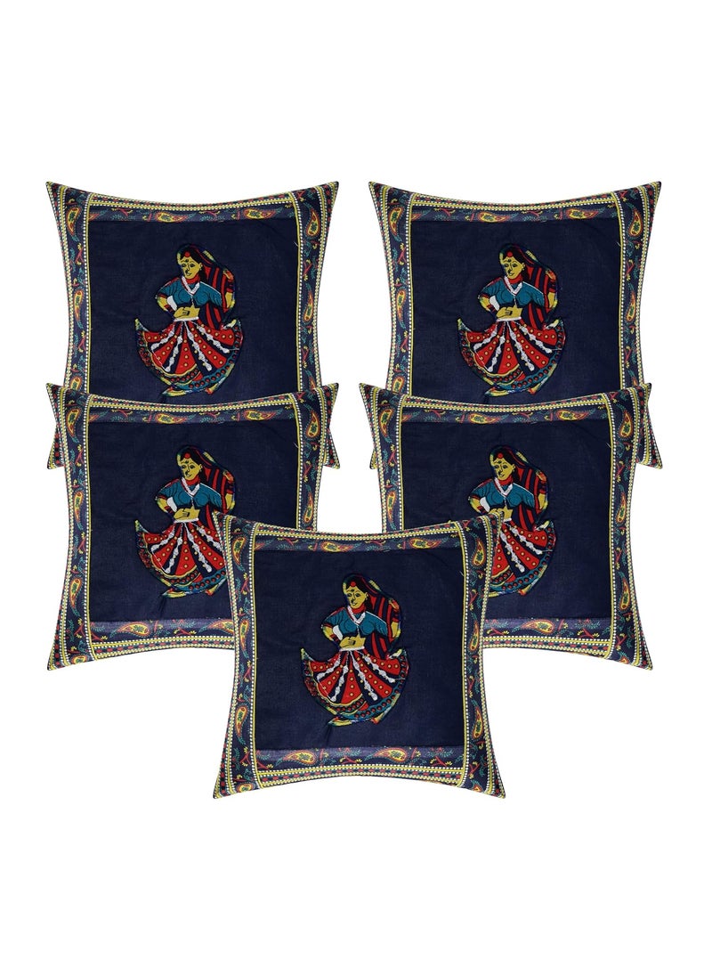 ManavRachit Cotton Patch Work Lady Print 210 TC Diwan Set of 8pc 88X60 Inch Bedsheet 16x16inch 2 Cushion Covers 15x31 inch 5 Bolster Covers for Hotel Home and Living Room Blue