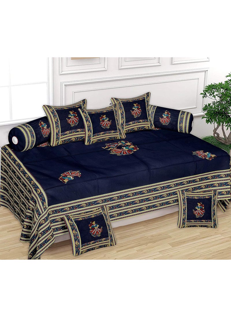 ManavRachit Cotton Patch Work Lady Print 210 TC Diwan Set of 8pc 88X60 Inch Bedsheet 16x16inch 2 Cushion Covers 15x31 inch 5 Bolster Covers for Hotel Home and Living Room Blue