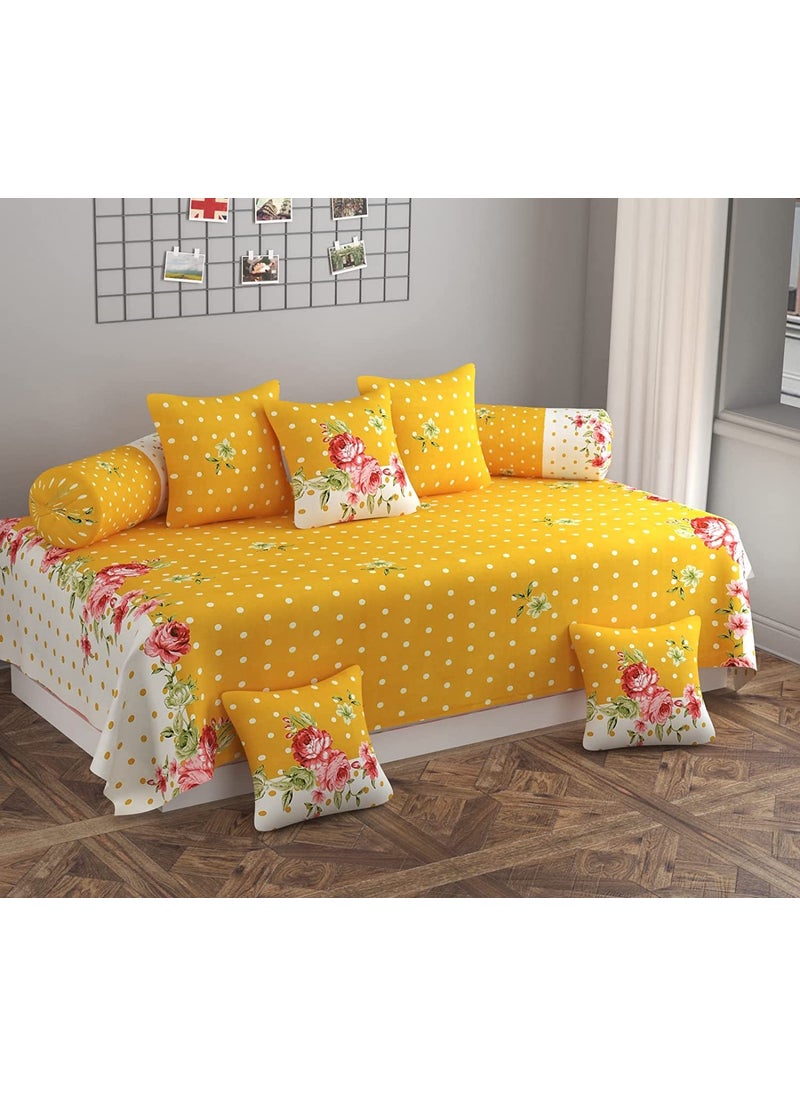 HOMICON Premium Cotton Feel 8 Pieces Diwan Cover Set with 1 Single Diwan Bedsheet 2 Bolster Covers and 5 Cushions Cover HALDI Haldi