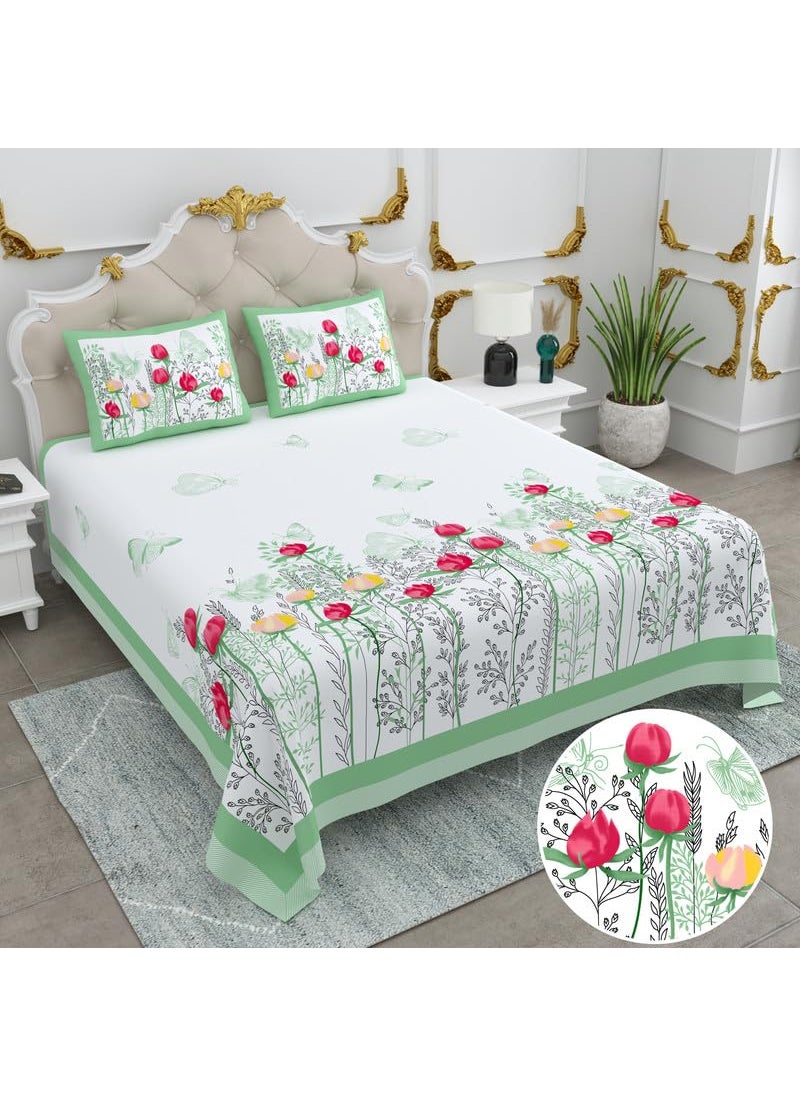 BRING FINE Pure Bedsheet 300 Thread Count Set of 3 Super King Size Basil Plants Green