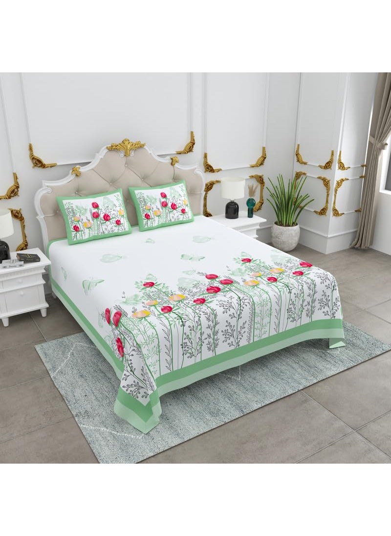 BRING FINE Pure Bedsheet 300 Thread Count Set of 3 Super King Size Basil Plants Green