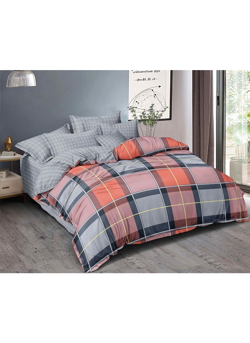 MORADO Premium Glace Cotton Checkered Design Duvet Cover Single Grey Peach with Zipper